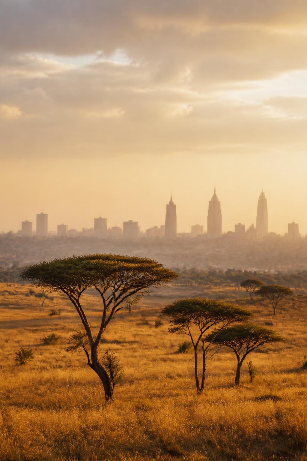 Golden hour over the Nairobi skyline seen across acacia savannah