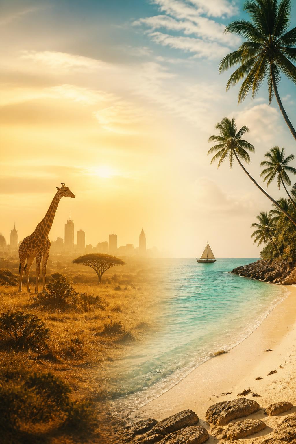 Nairobi savannah at golden hour blending into the turquoise Zanzibar coastline